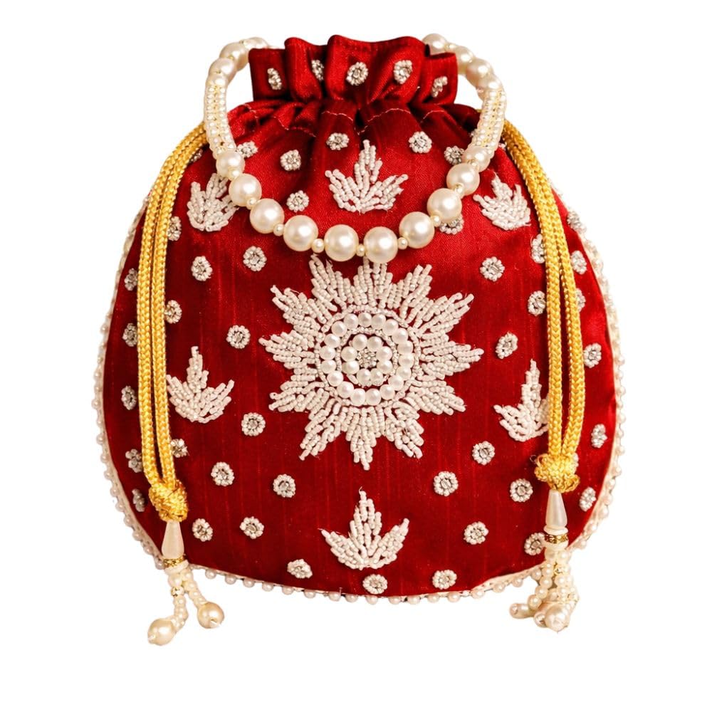 unravel india Handcrafted Maroon Pearl Embroidered Potli Bag for Women | Bridal Wedding Potli Purse-picture-56
