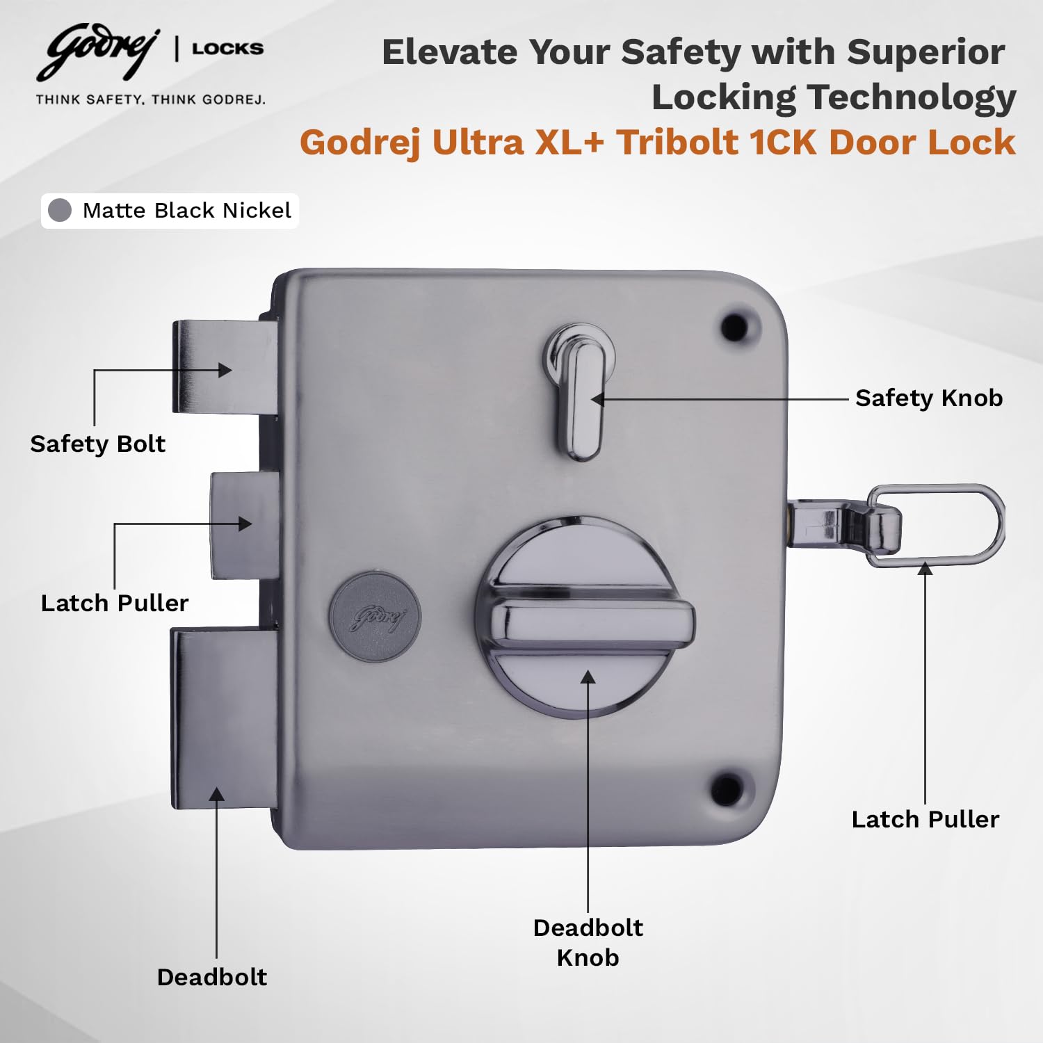 Godrej Rim Lock I Tribolt Ultra XL+ l 1CK Latchbolt I for Inside Opening Wooden Door | Left/Right Handed Doors I 4 Keys I 5-Year Warranty I Automatic Locking l Matte Black Nickel Finish — Amazon image 3