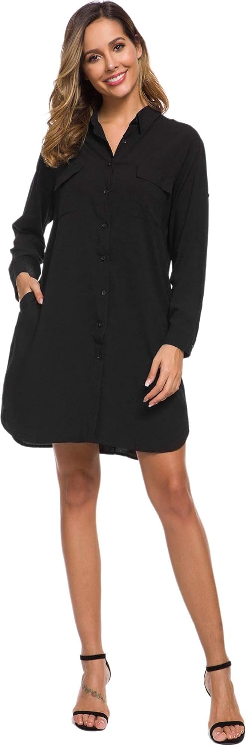 LUSMAY Women's Long Sleeve V Neck Button Down Shirt Dresses Casual Summer Dress with Pocket - Image 6
