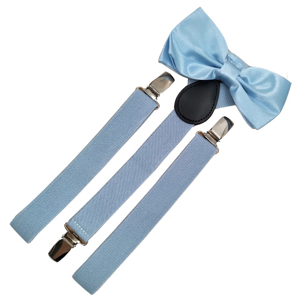 Yyksydpt Unisex Light Blue Braces For Men Woman With Very Strong 4 Clips 25 Mm Wide Duty Suspenders Y Style Adjustable Brace Suspenders With Bow Tie (Light Blue)