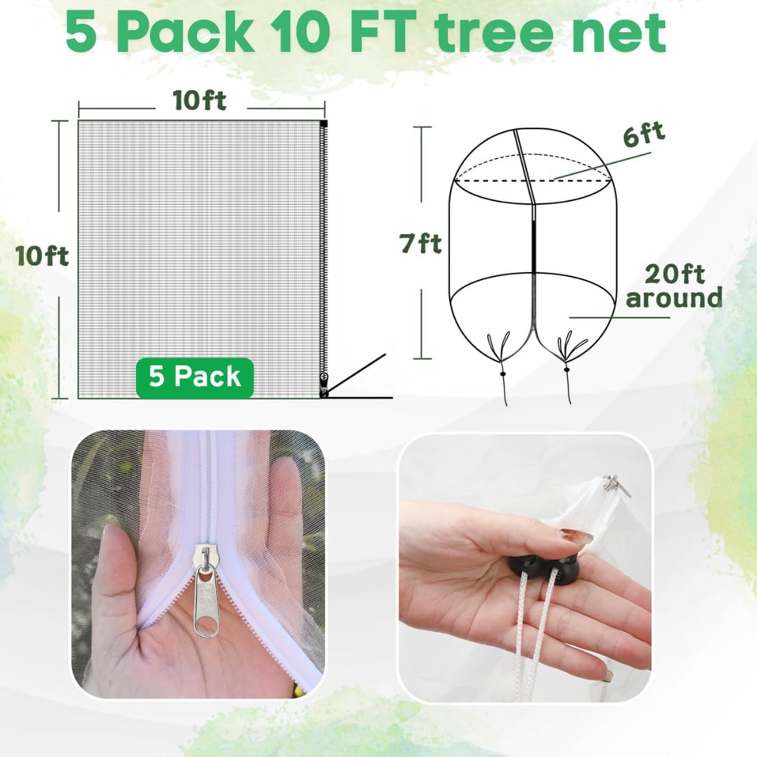 5 Pack 10x10ft Fruit Tree Netting with Zipper & Drawstring, Bird Netting for Fruit Trees, Heavy Duty Tree Nets for Fruit Trees, Reusable Mesh Covers to Protect from Birds, Squirrels, Deer & Insects
