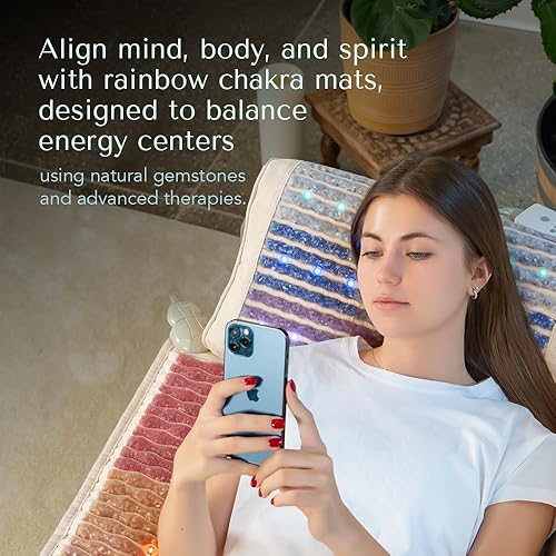 Miniatura 3 de HealthyLine Alfombrilla de chakra arcoíris  Reiki mejorado, yoga y masaje  Almohadilla térmica eléctrica de piedras preciosas con iones negativos y