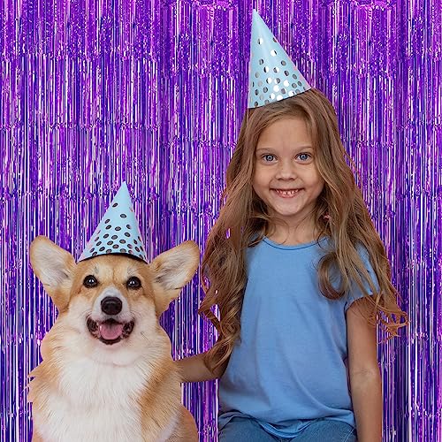 Image of 5 Pack Purple Fringe Backdrop 3.2ft x 8.2ft Foil Curtain Tinsel Foil Fringe Curtains Backdrop Tinsel Backdrop Streamers for Birthday Curtain Party Decoration Wedding Christmas Decoration (Purple)