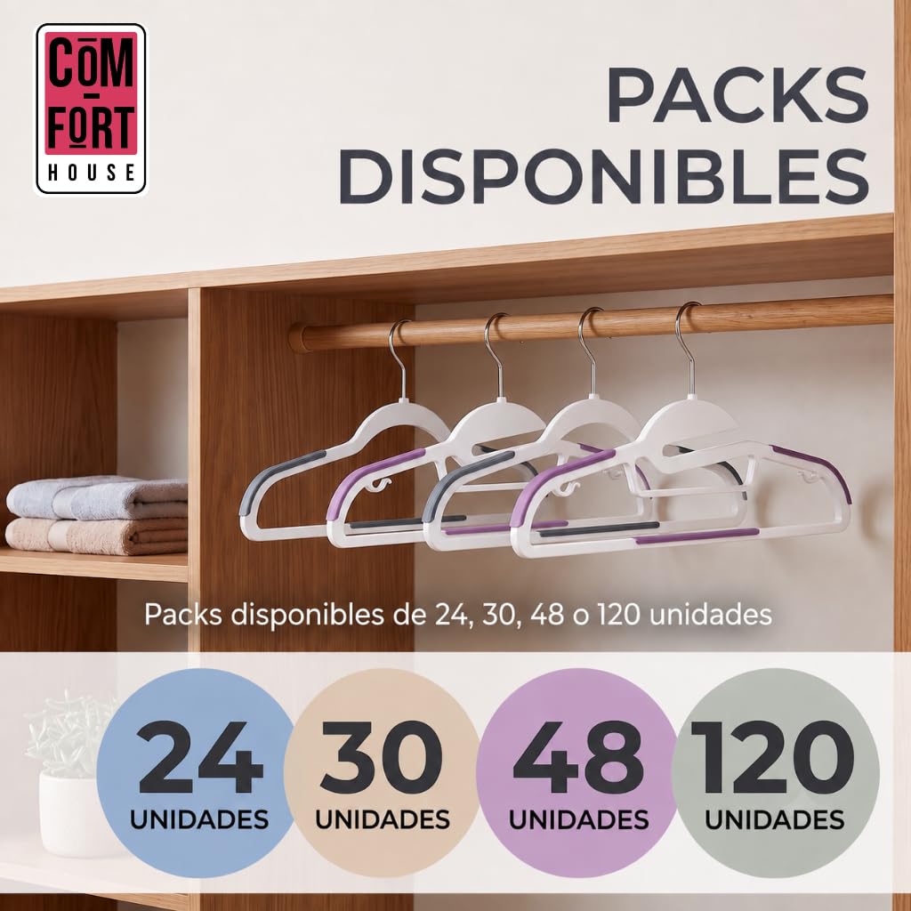 Perchas de Plástico Antideslizantes 45 cm Pack 120 COM-FORT HOUSE | Gancho giratorio 360°, Superficie antideslizante, Alta resistencia, Ahorra espacio