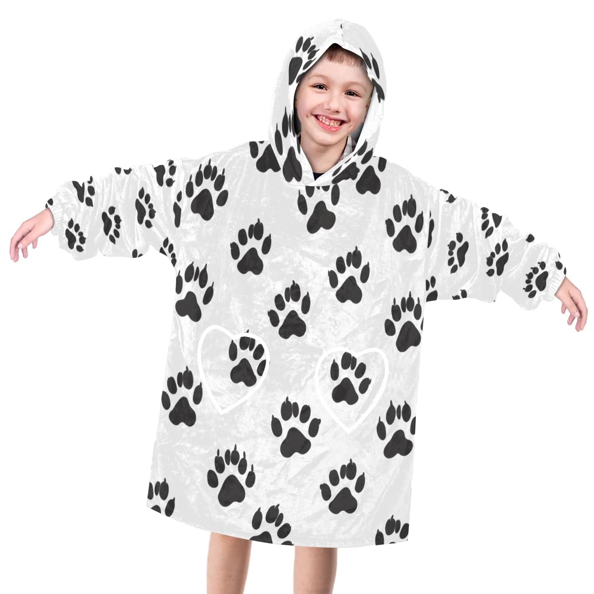 Wearable Blanket Hoodie for Kids, Black cat paw print Fleece Sweatshirt Blanket Black cat footprints Oversized Blanket Sweatshirt with Pocket Flannel Warm Hooded Blanket 6-10 Year Old Girl Boy Gift