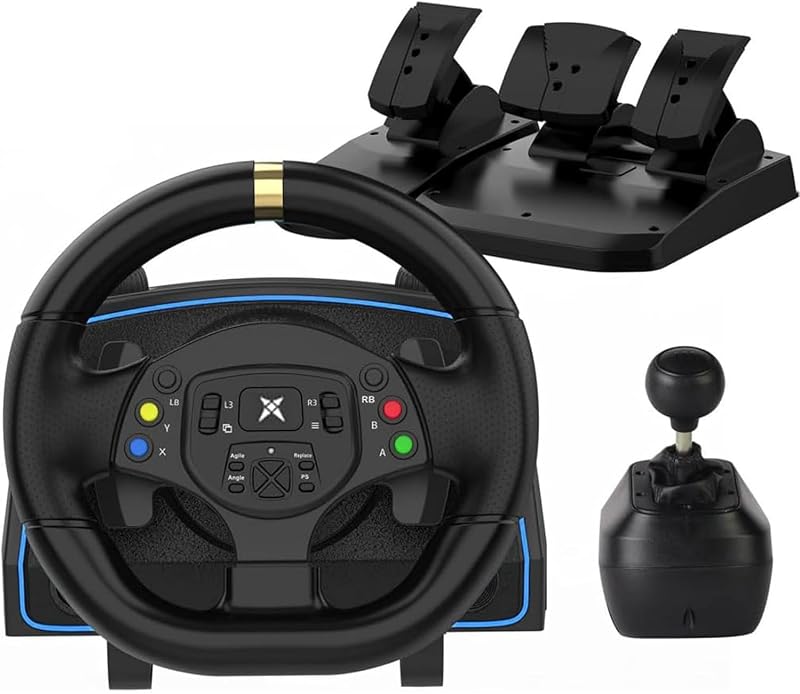 Volante de carreras para PC NBCP F10, dirección lineal de efecto Hall de 1080° | Palanca de cambios con patrón en H de 6 velocidades, pedales lineales, bloqueo de ángulo, ajuste de sensibilidad, vibración Dual, entrada X/D, para PC Win 7/10/11,PS3,ETS2