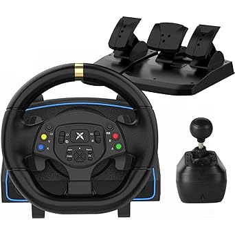 NBCP F10 PC Racing Wheel-1080 Degree Magnetic Induction Gaming Steering Wheel with 6-Speed H-Pattern Shifter and Linear Pedal,Sensitivity Adjustment,Angle Locking,Dual Motor Vibration-Steering Wheel for PC Windows 7/10/11, PS3 Support Euro Truck Simulator 2