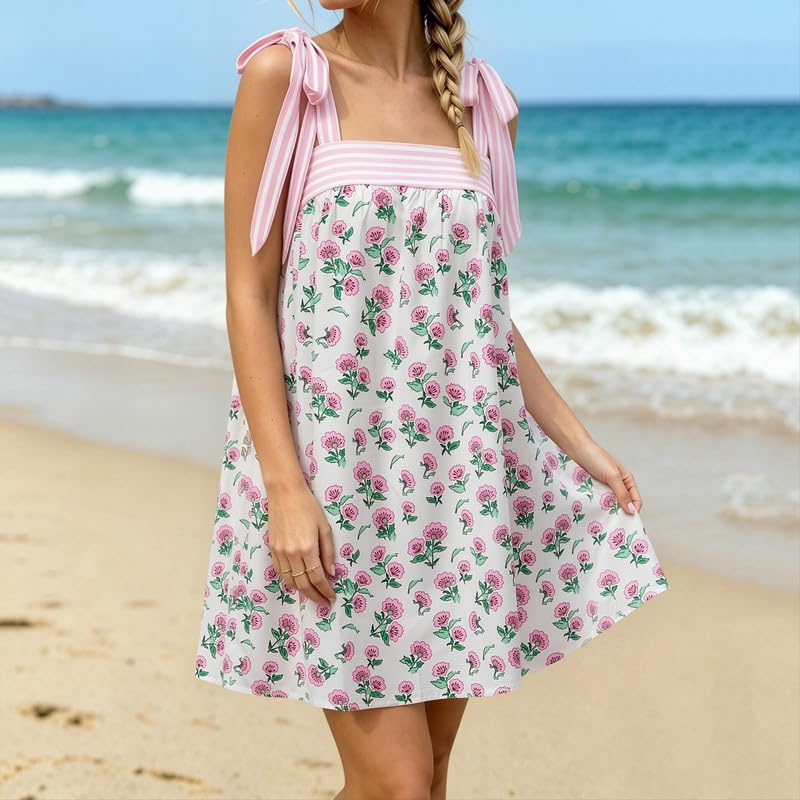 Image of Women Floral Tie Shoulder Mini Dress Cute Square Neck Loose Fit Beach Short Dress Backless Boho Vocation Sundress