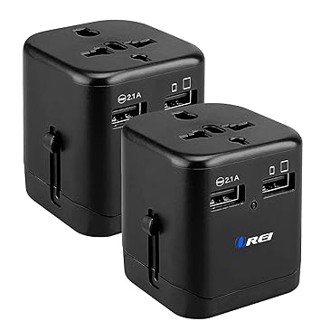 OREI Worldwide Universal Travel Adapter with Dual USB Ports 2.1A Smart Plug Charging, All-in-One 100V-250V Plug International Plug Adapter for Cell Phones, Camera, Tablets, 5 Yr of Warranty Pack of 2