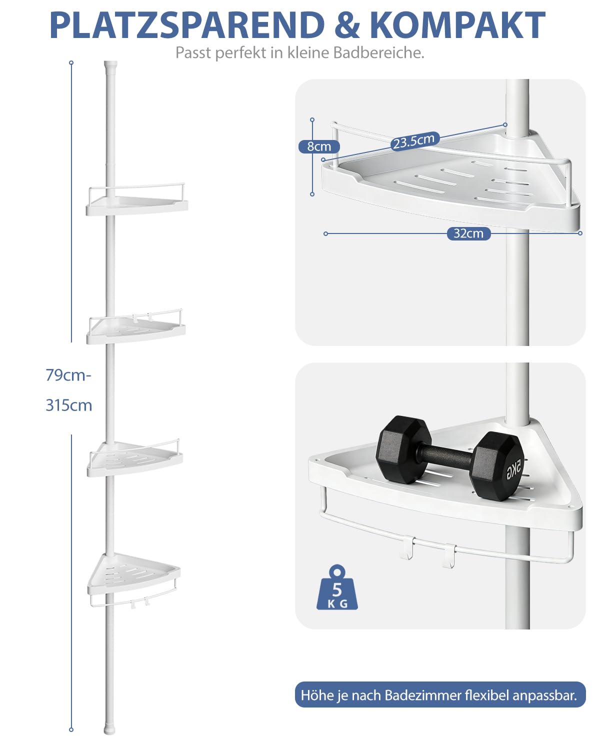 Sekey Duschregal Ohne Bohren Weiß - Duschablage Teleskop mit 4 Körben, Höhenverstellbar 79-315 cm, Stabiler Stand & Eck-Design für Badezimmer