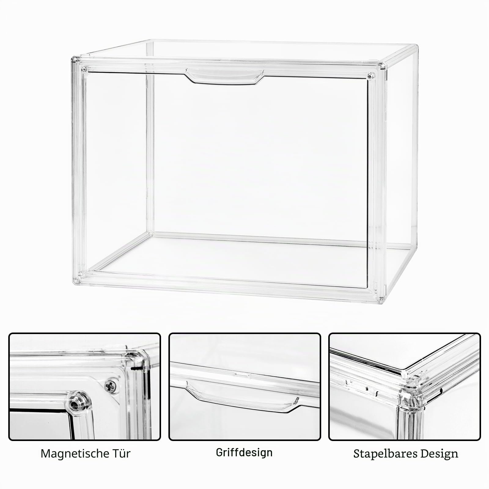 Transparente stapelbare Kunststoff Aufbewahrungsboxen mit magnetische Tür, Staubdichte Aufbewahrung Vitrine Schaukasten für Figuren, Kosmetik, Schuhe, Bücher und Handtaschen (36x22x27cm,4er-Set)