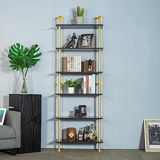 6-Tier Black Faux Marble and Gold Shelves Bookshelf Decor Industrial Pip...