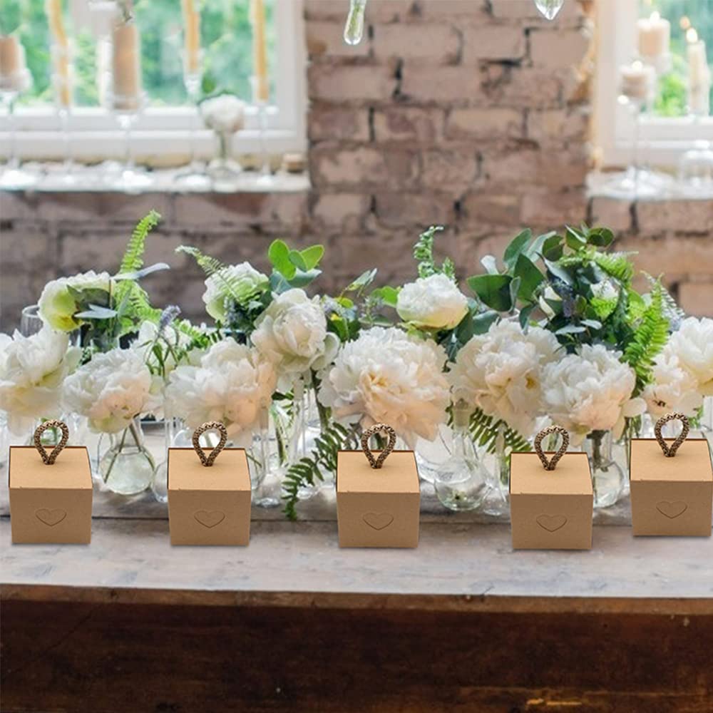 Aiareozy 30 Pièces Boîtes à Dragées Mariage Champêtre - Mini Boîtes Cadeau Carton Coeur Kraft Marron Pour Baptême, Communion Et Anniversaire