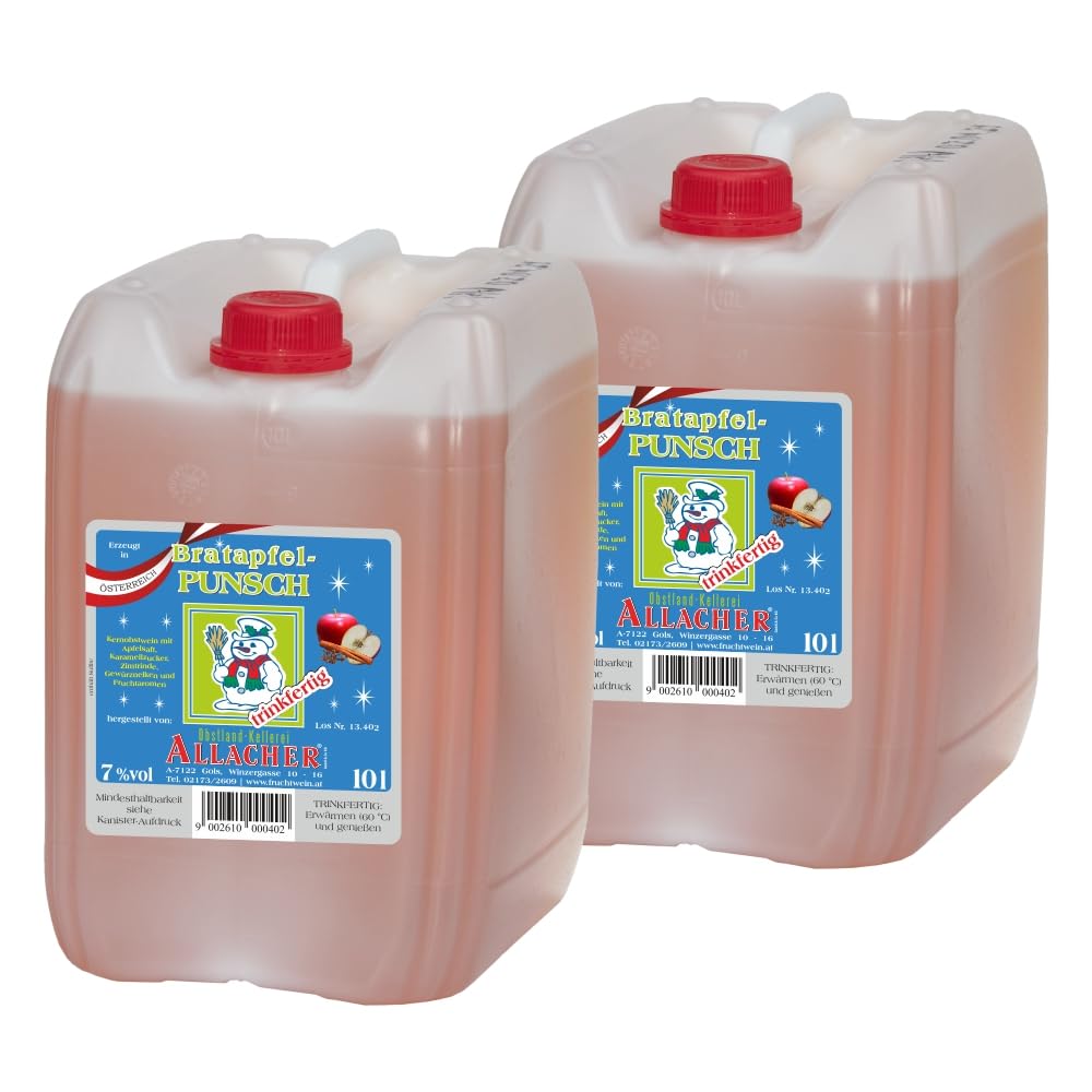 Allacher Glühwein - Bratapfel Punsch 7% vol. trinkfertig - 2x10L (20 Liter) Kanister - Großmenge ideal für Weihnachtsmarkt, Christkindlmarkt, Adventmarkt - Winter Heißgetränk - Frucht Punsch