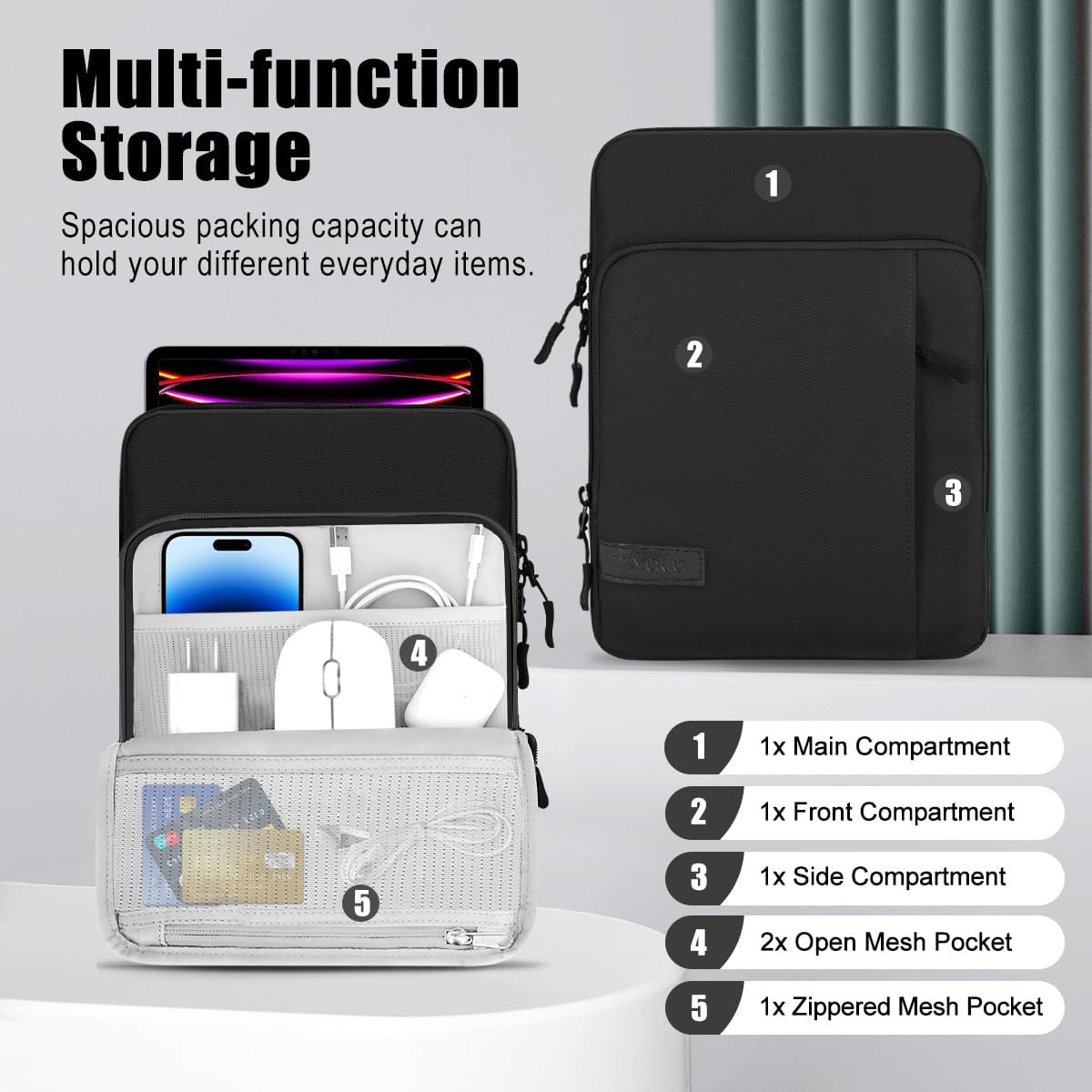 TiMOVO 13 Inch Tablet Sleeve with Shoulder Strap for iPad Air 13" M3 2025, iPad Pro 13"/12.9", Galaxy Tab S9 Plus/S10+/S10 Plus/S9 FE+/S9 FE Plus 12.4", Remarkable Paper Pro 11.8", Black - Image 5