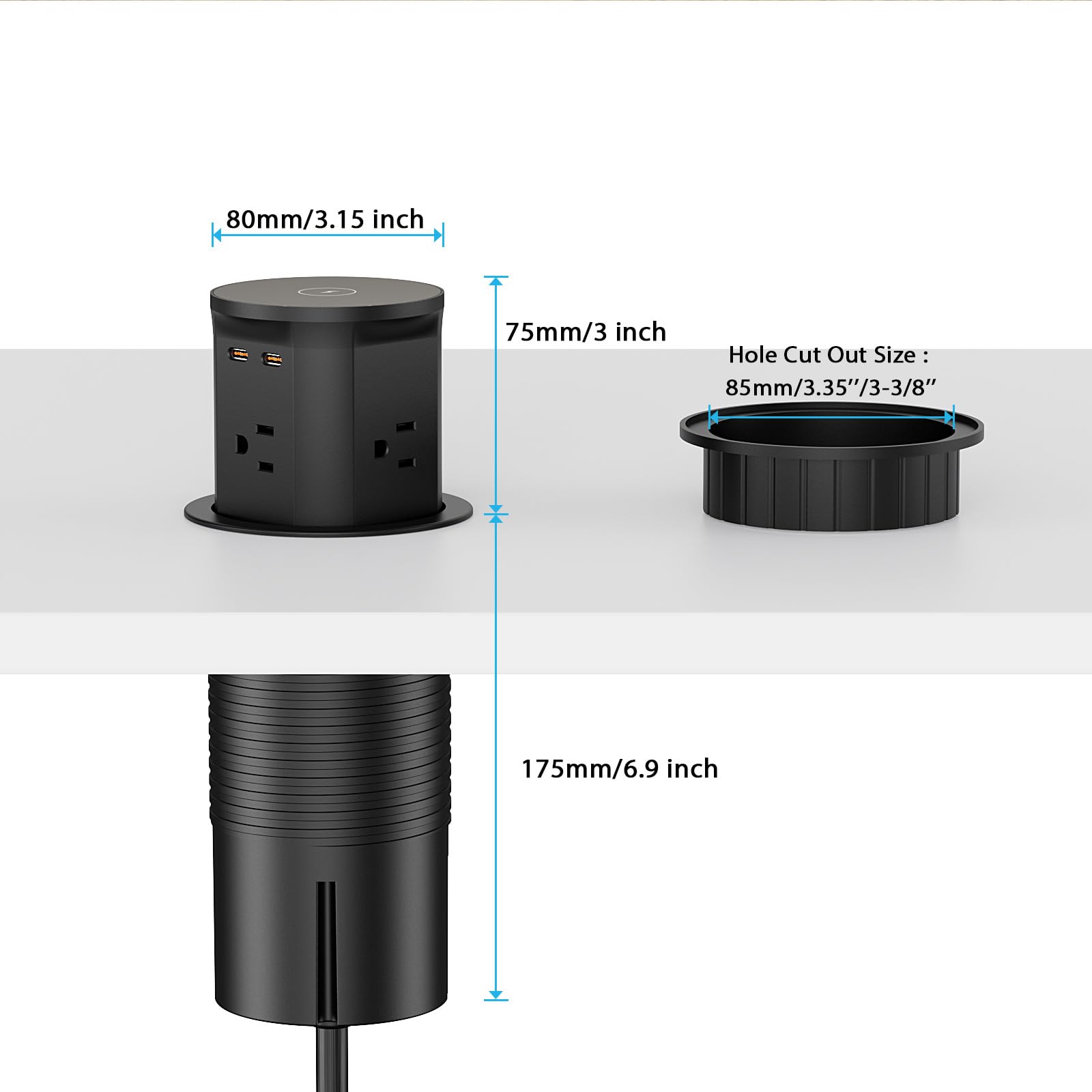 15 W bezprzewodowa ładowarka nablatowa wysuwana wyjście, szybkie ładowanie USB C 20 W i 4 wyjściami AC, 3,3-calowe wyjście komputerowe do biura, konferencji, blatu