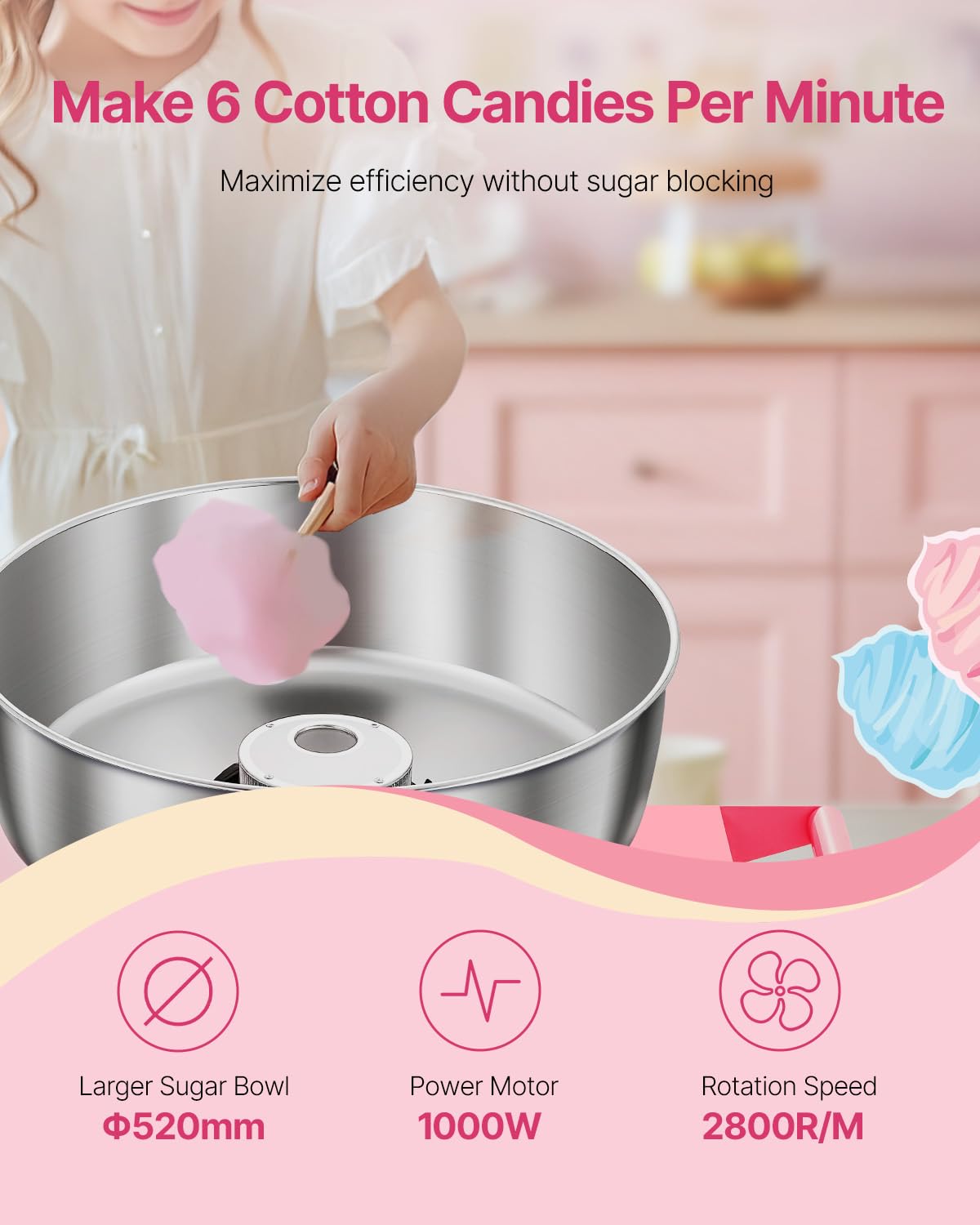 VEVOR Machine à barbe à papa électrique avec chariot, 1000 W, appareil à barbe à papa commercial avec bol en acier inox de 52 cm, cuillère à sucre et tiroir, pour fêtes d'anniversaires d'enfants, rose