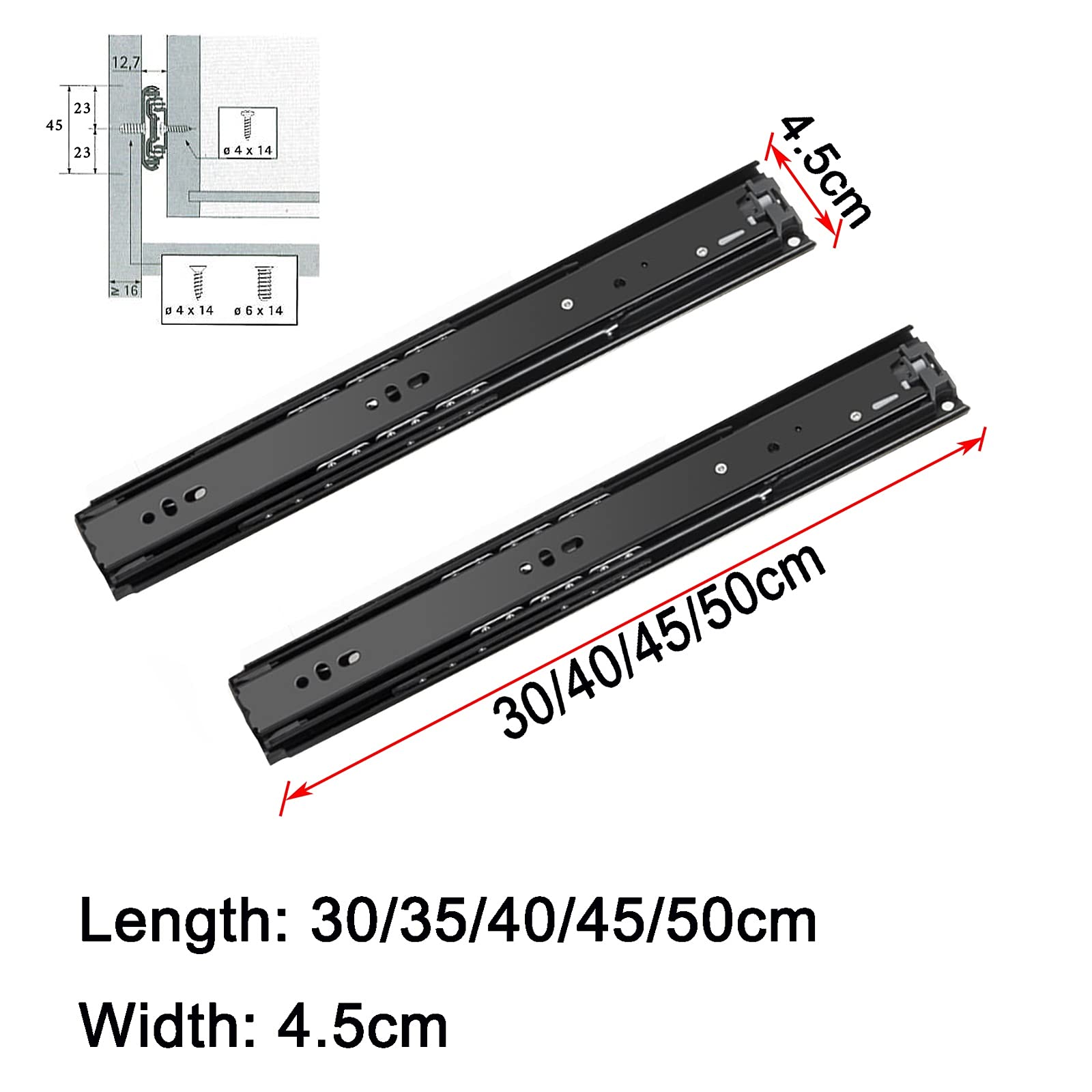 Guide for Cassetti Scorrevoli, Guide Telescopiche Cucina, Acciaio Guide 300 400 500mm, Nero, Cuscinetto A Sfera Guide per Cassetti Pesanti con Chiusura Automatica 1 Paio (Size : 450mm)