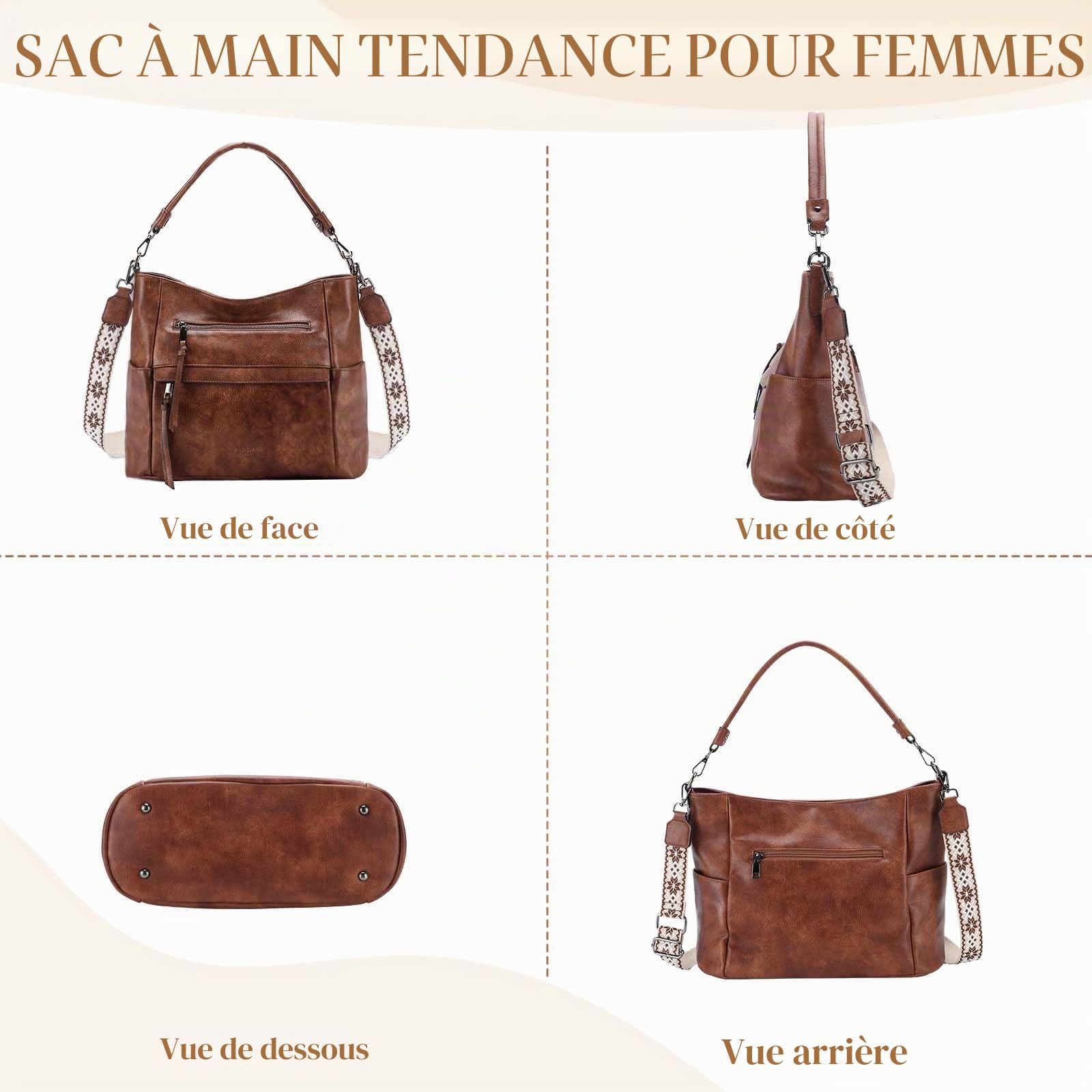 VASCHY Sac à Main Hobo Femme, Sac Bandoulière Femme Cuir PU Grande - Sacs à Main Portés Épaule/Portés Main avec Portefeuille pour Shopping, Travail et Voyage