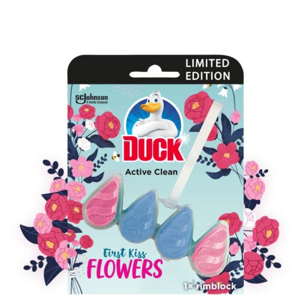 Duck Active Clean Blok do krawędzi toalety, piankowy środek do czyszczenia muszli klozetowej, długotrwały zapach, kwiaty pierwszego pocałunku, opakowanie 8 x 38,6 g