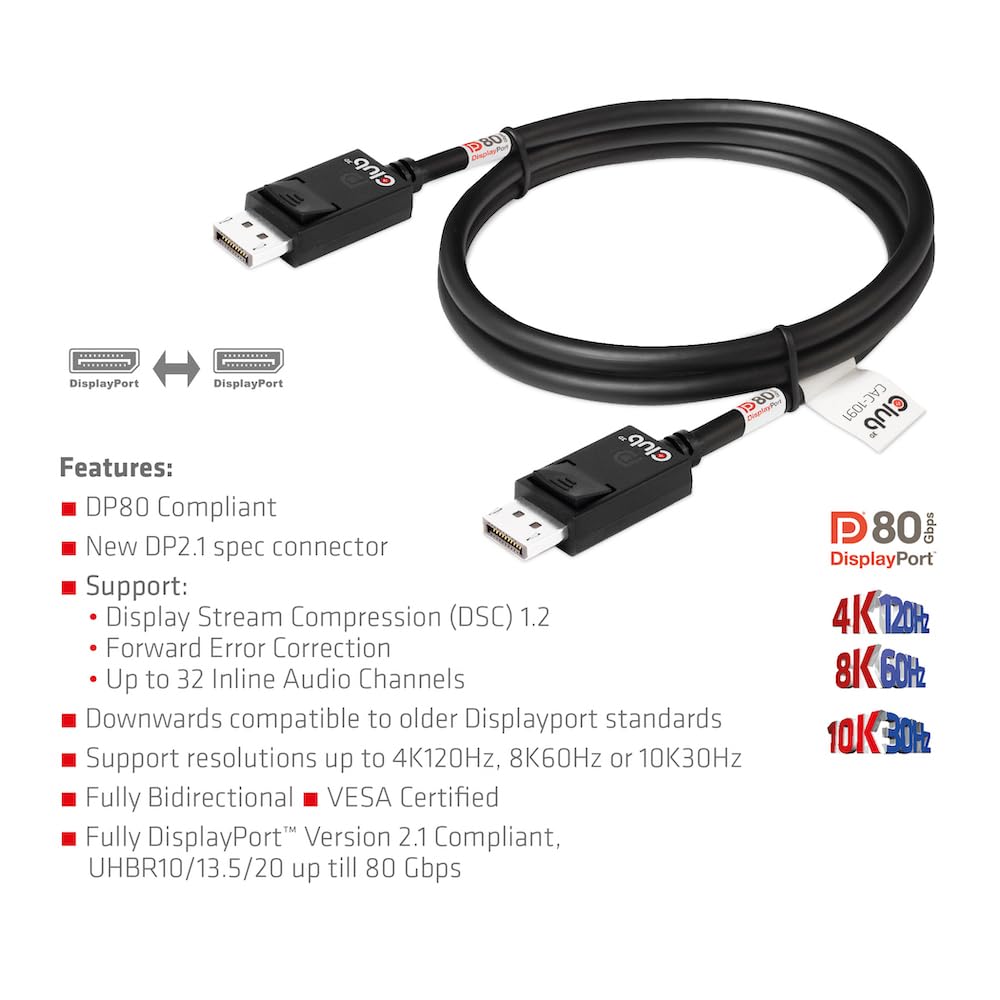 Club3D CAC-1091 DisplayPort™ 2.1 dwukierunkowy kabel VESA DP80 certyfikowany 4K120Hz, 8K60Hz lub 10K30Hz St/St 1,2 m