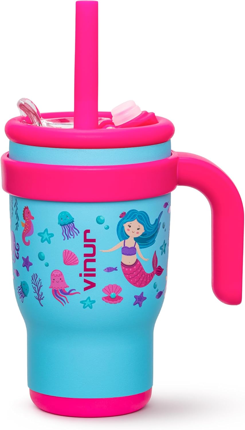 VINUR Kids Tumbler with Handle 14 oz Stainless Steel Double Wall Vacuum Insulated Tumbler with Lid and Straw, Leak Proof Water Cup for Travel(Mermaid)