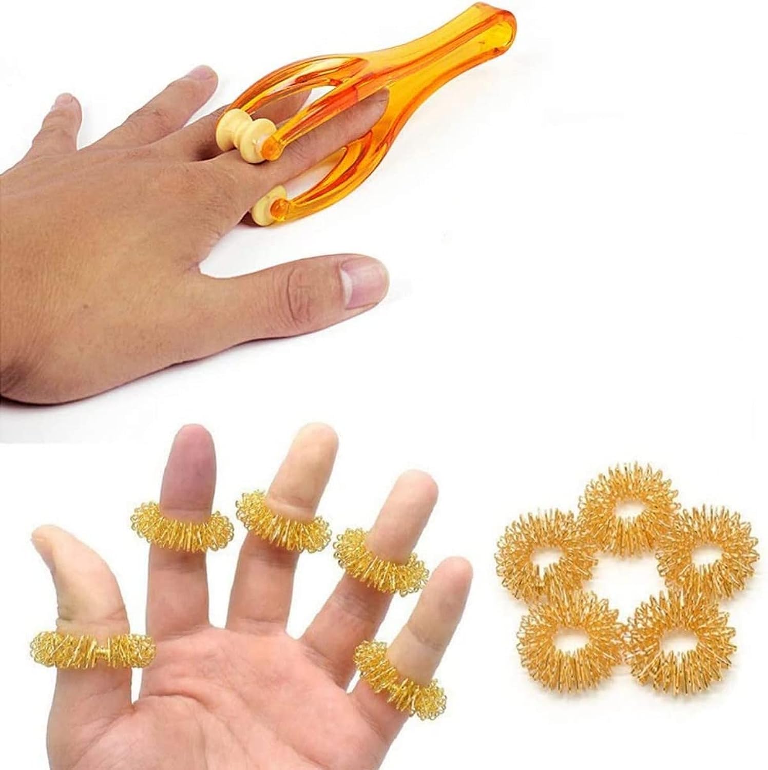 2 Pcs Finger Roller Massager and 5 Pcs Acupressure Massage Rings for Finger Hand Massage, Hand Blood Circulation Massage Roller Tools, Handheld Stress Relief Double Rubber Joint Roller Massager