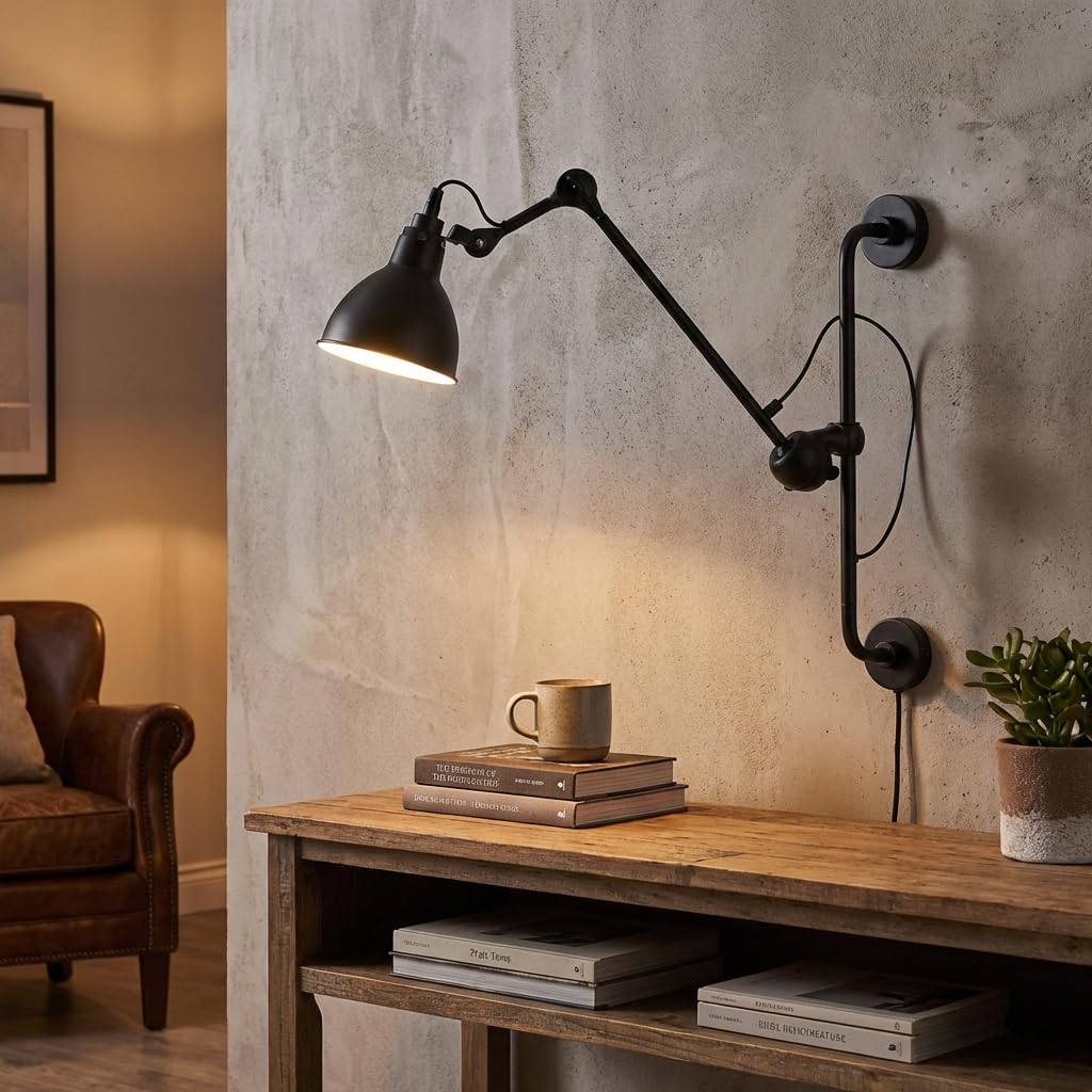 BARCELONA LED Wandleuchte mit Gelenkarm E27 Schwarz und Chrom, industrielle Vintage Metall-Wandlampe mit Kabel, Stecker und Schalter, Leseleuchte für Schlafzimmer, Büro und Wohnzimmer