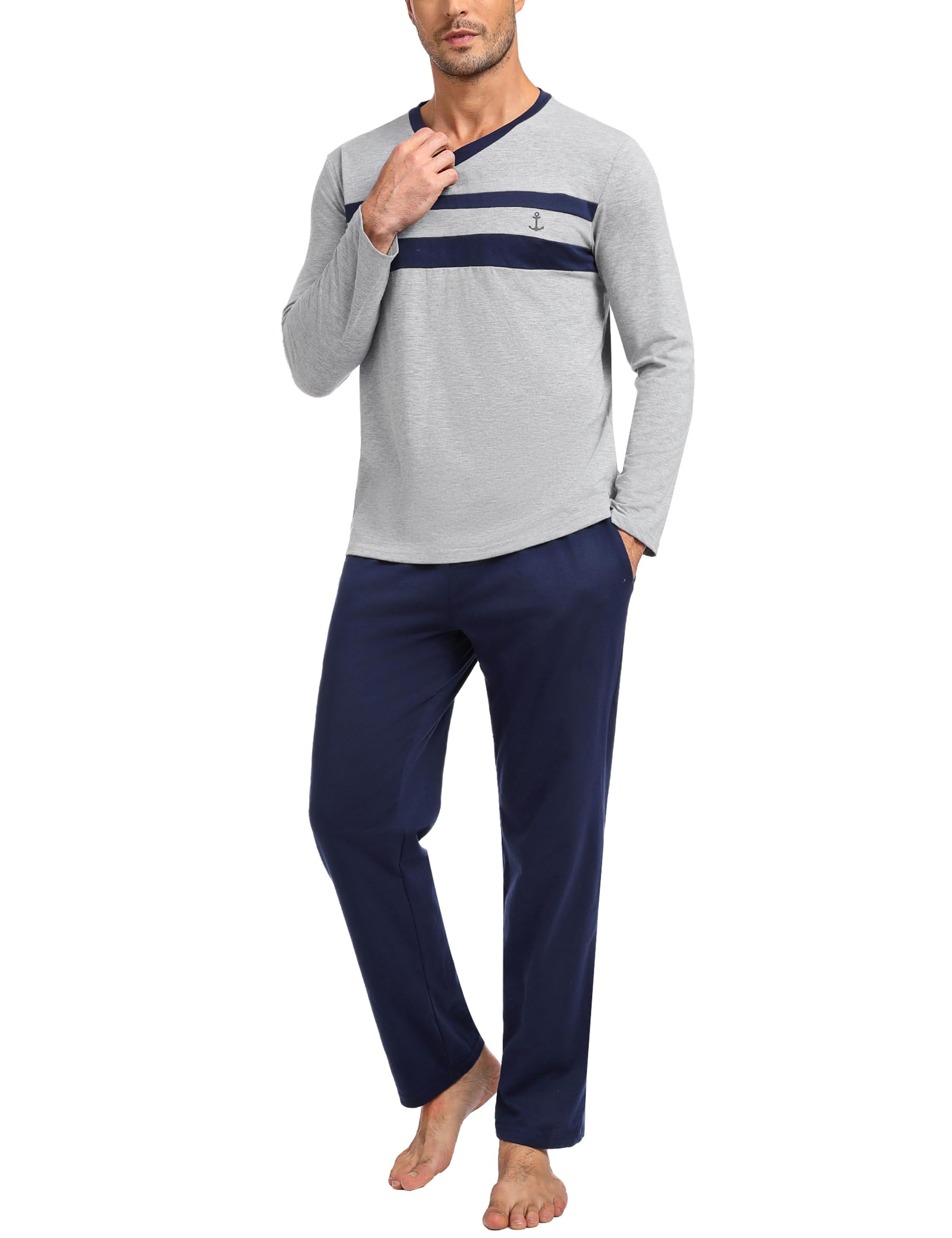 Nieery Pigiama da Uomo Invernale Cotone Maniche Lunghe V Pigiamas Casual Leggero S-XXL