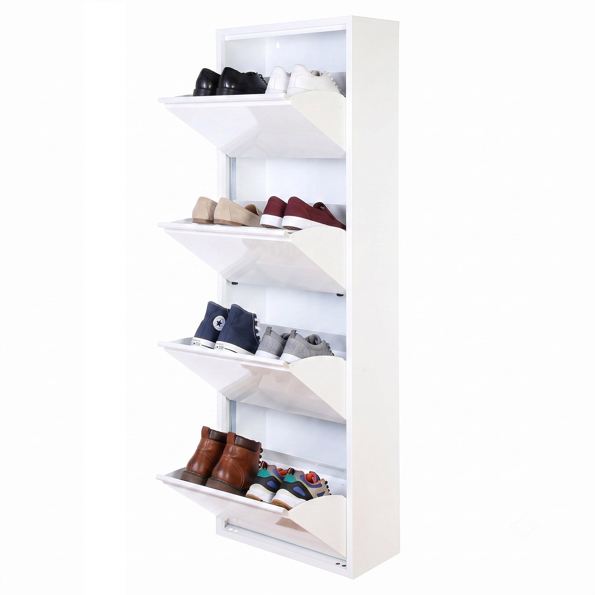 Mueble Zapatero Estrecho para Recibidor y Pasillo – Armario Zapatero Abatible de 4 Puertas con Balda Ajustable, Capacidad 8 Pares, Sistema Antivuelco y Diseño Slim (13,5 x 50 x 136,5 cm), color Blanco