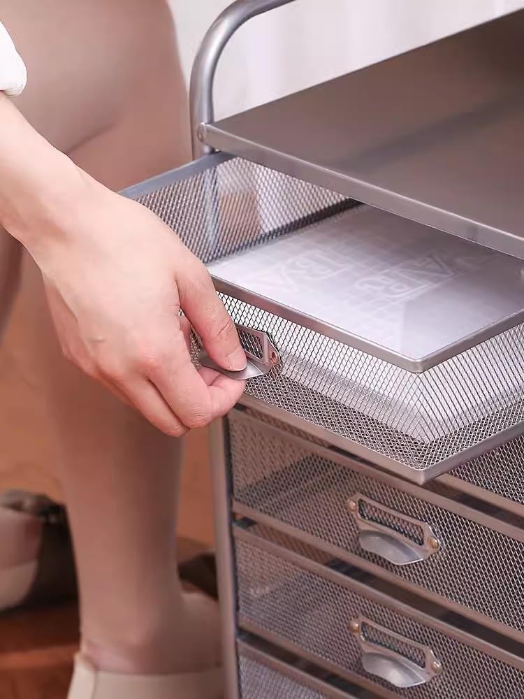 Carro de archivos rodante con 10 cajones, organizador de almacenamiento de alta capacidad para oficina/hogar, caja de herramientas de malla metálica con ruedas, color plateado (29 x 38 x 91 cm)