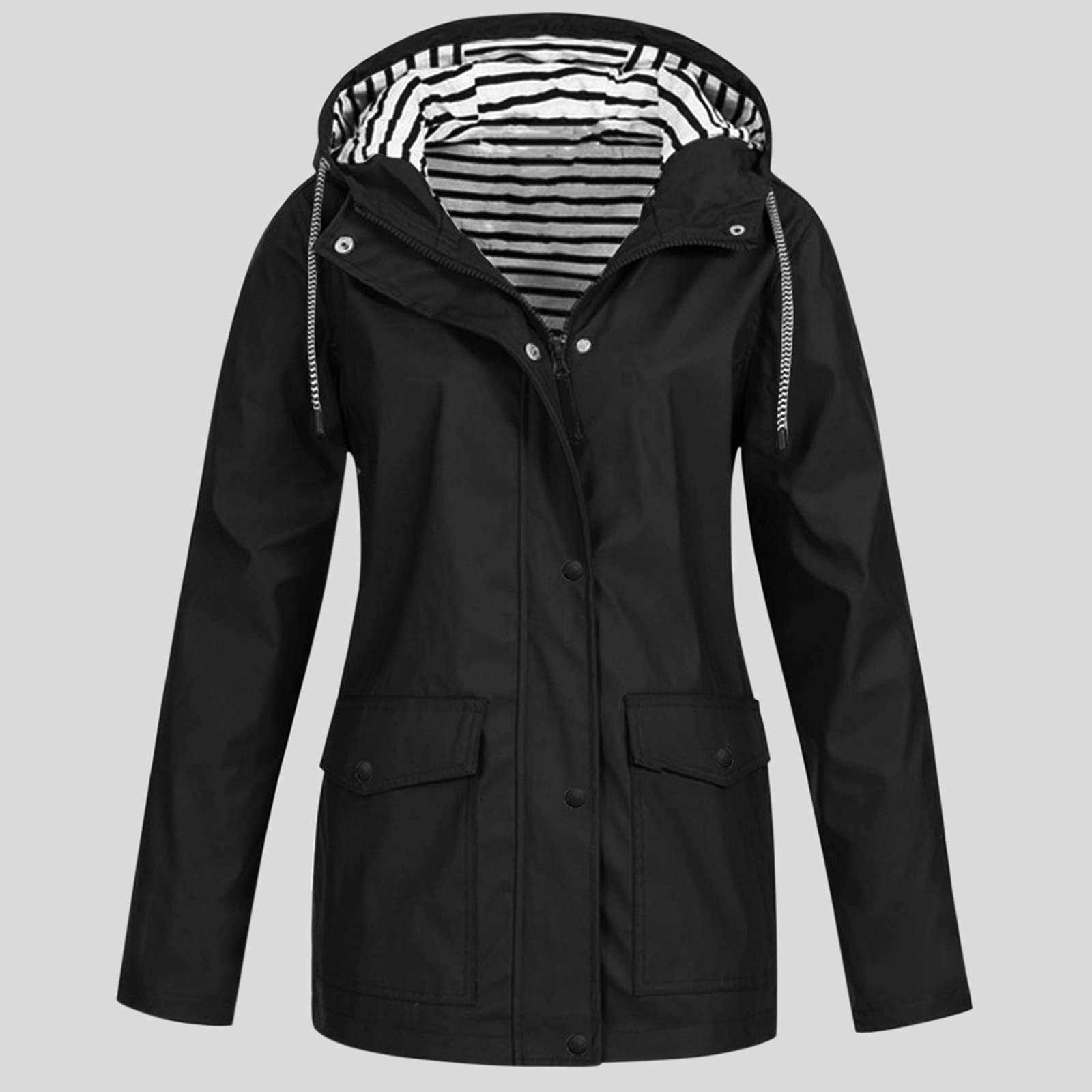 Generisch Frauen Verdickter Mantel Windfast warm Plus Größe Feste Farbe gestreiften Schnitt Kapuzenmantel Jacke