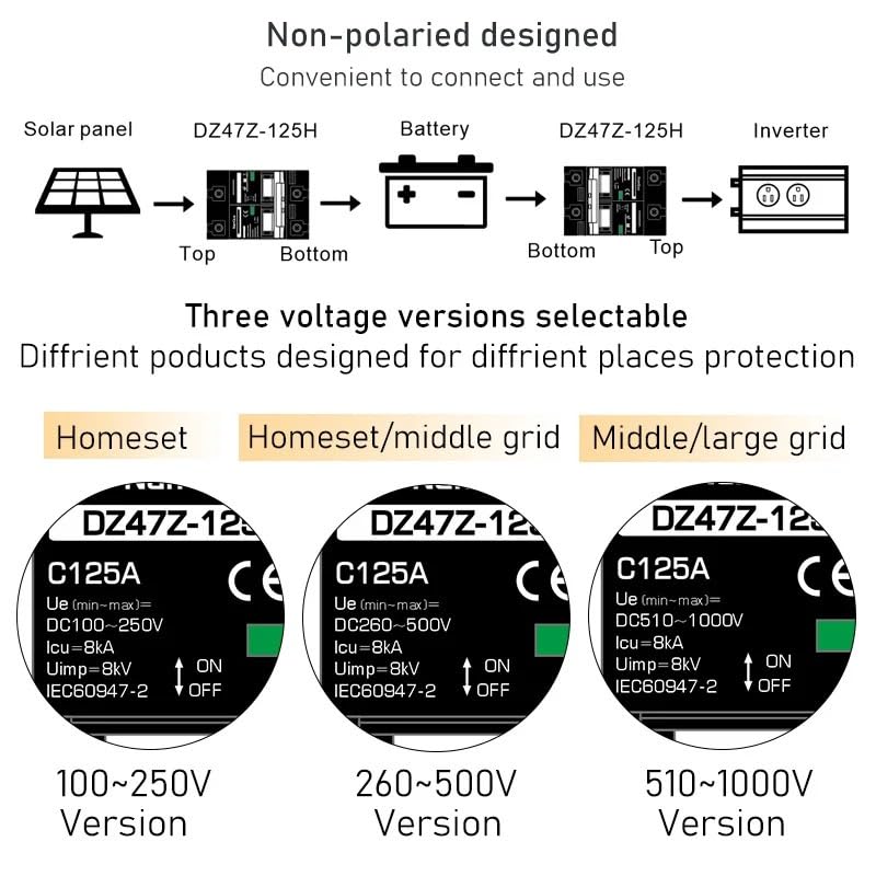 Disyuntor de voltaje 2P para paneles solares y sistemas de baterías de 1000V 6