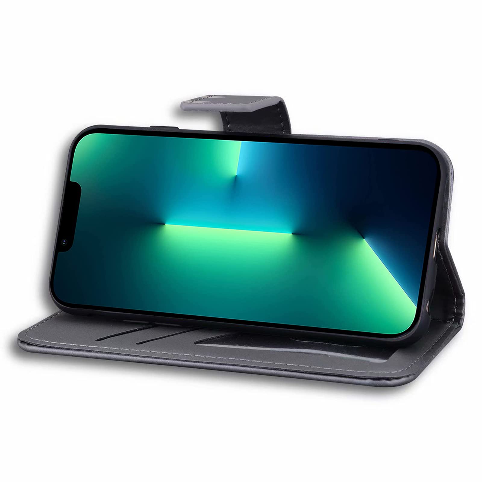 FMPCUON Cover per iPhone 13 Pro Max, Flip Caso in PU Pelle con [Slot per Schede] [Kickstand] [Magnetico], Cerniera con cinturino da polso Premium