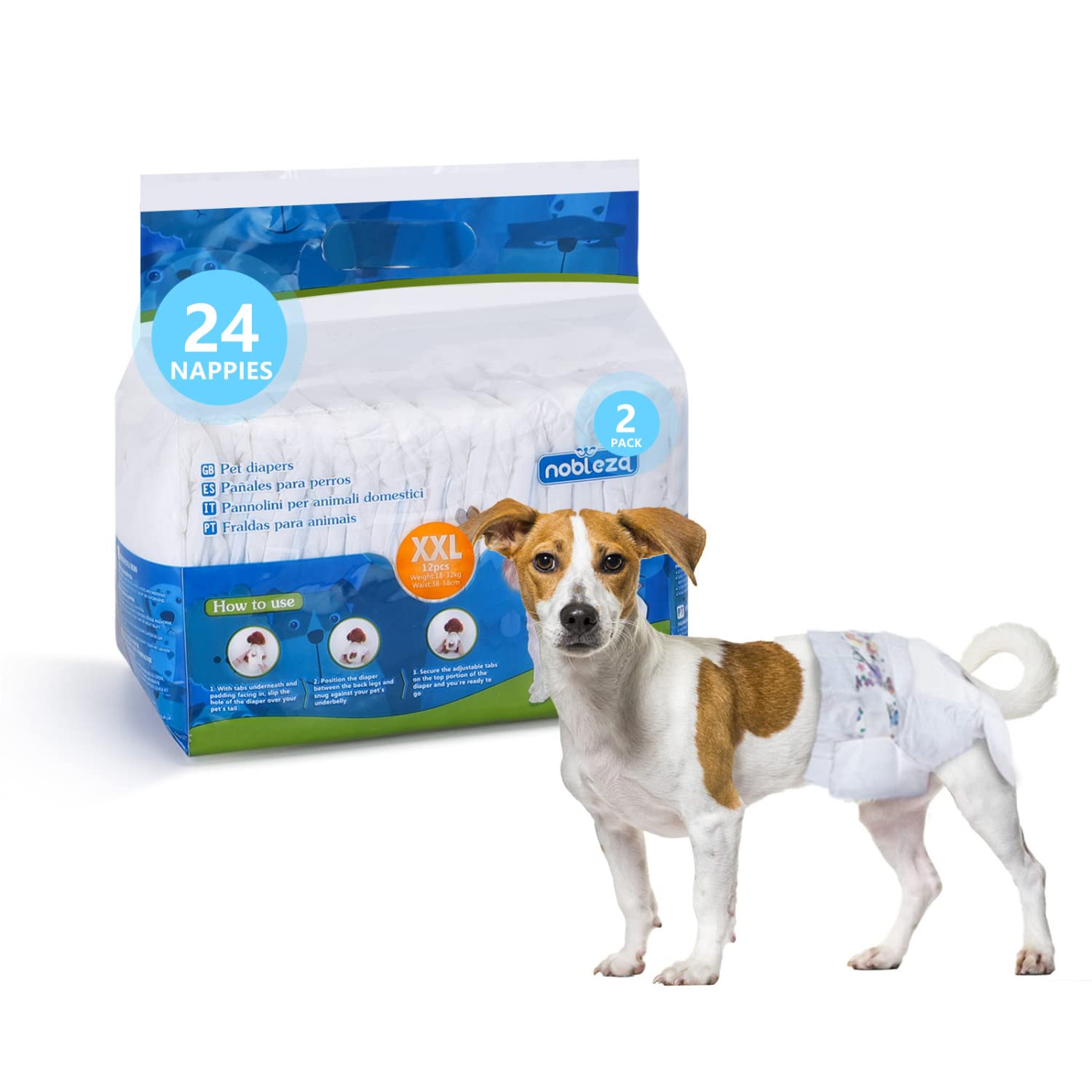 Nobleza 24x Pañales para Perros Desechables Hembra Cachorro Entrenamiento Pañales Súper Absorbente Envolturas para Mascotas Paquete de 24 Cintura 38-58CM ，XXL