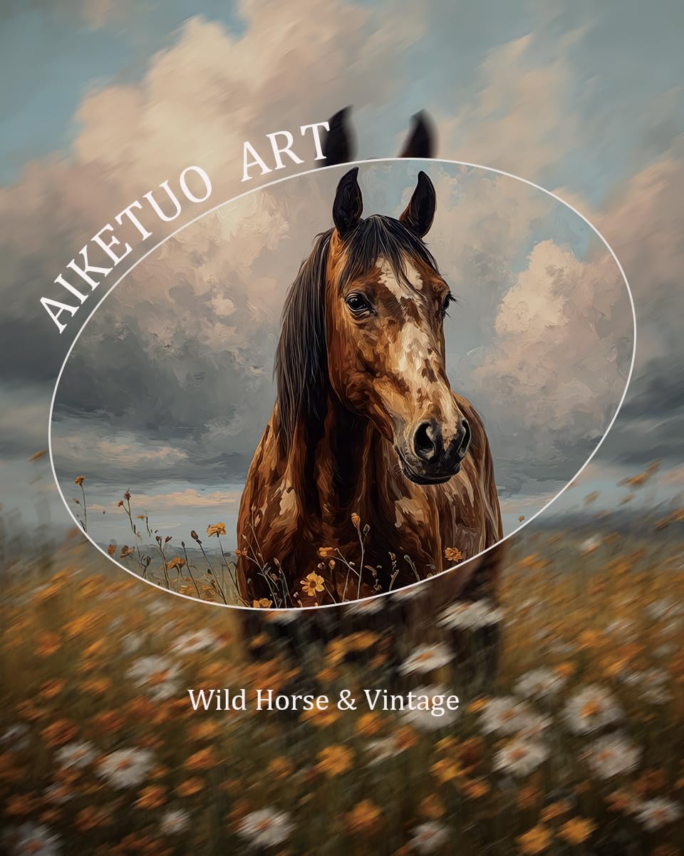 AIKETUO Gold Framed Retro Vintage Horse Wall Art for Bedroom, Vintage Horse Floral Wall Decor, Artwork for Aesthetic Rustic Farmhouse Living Room Bathroom Bedroom Ofiice Decor Big 24" L x 16" W