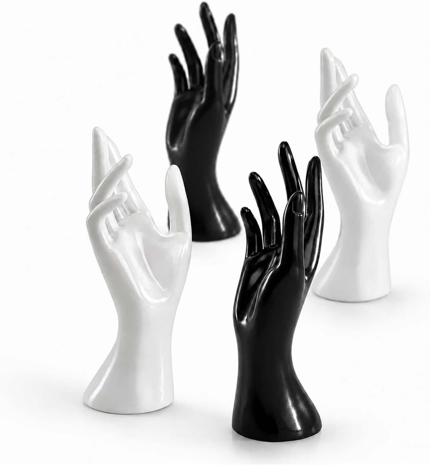 Okllen 4 Pcs Female Mannequin Hand, Plastic Right Hand Ring Display Stand Jewelry Organizer, Earring Bracelet Bangle Necklace Holder for Jewelry Storage, Shopping mall, and Home, B&W