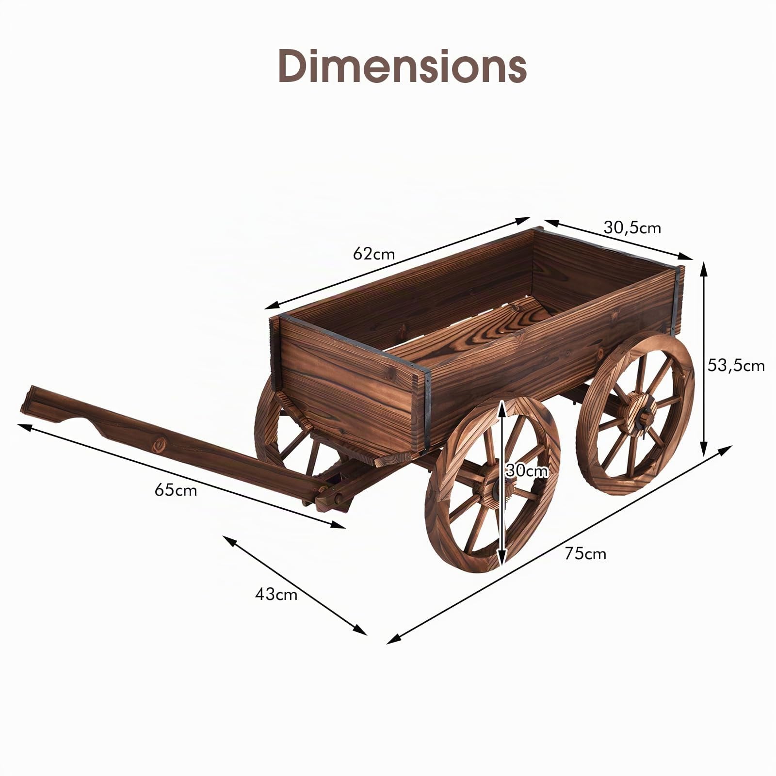 HOMASIS Brouette à Fleur en Bois avec Poignée Réglable et 4 Roues, Chariot à Fleurs avec Trous de Drainage, Jardinière Décorative de Plantes pour Jardin, Balcon, Terrasse, 75x43x53,5cm, Marron