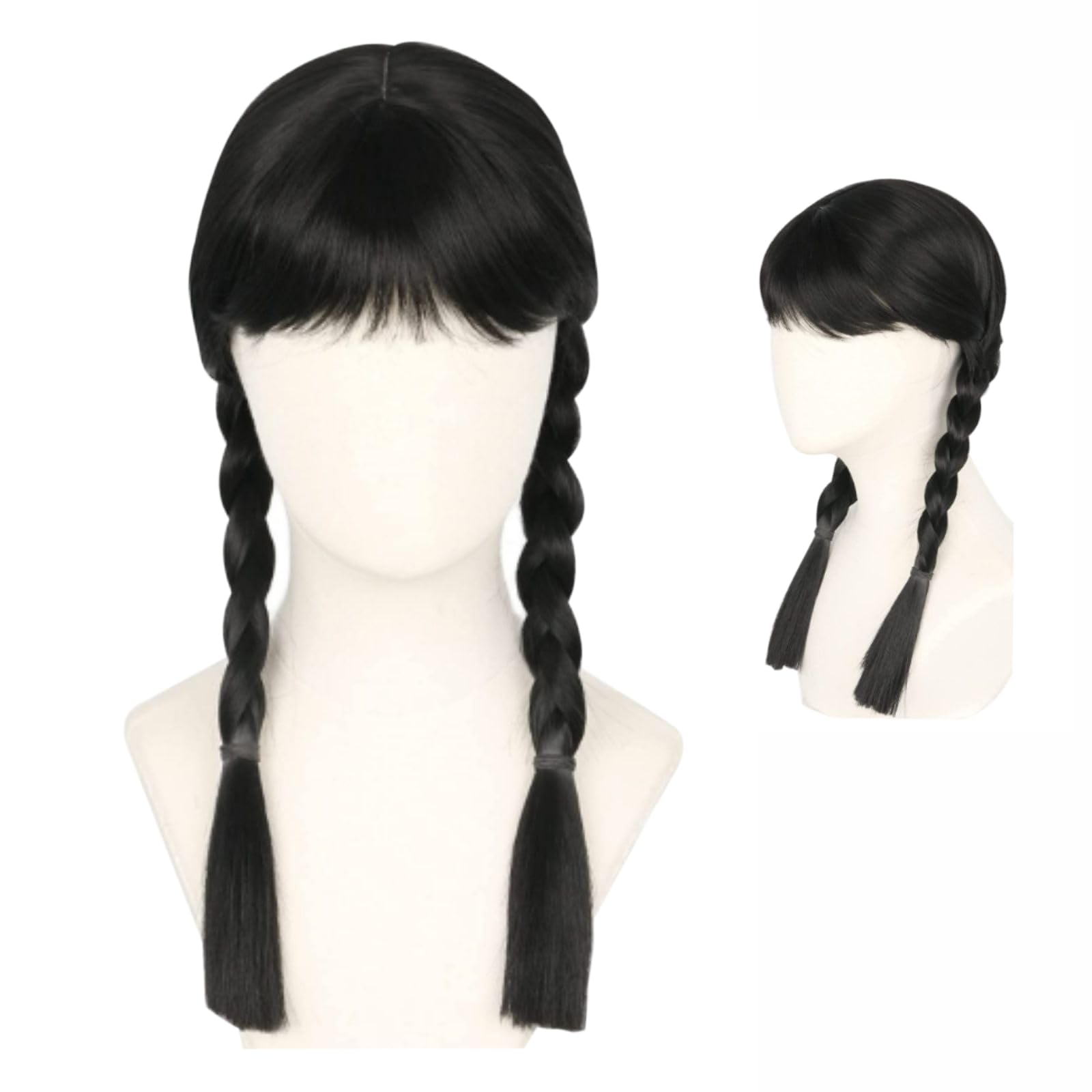 TatibanaGirls Kids Long Straight Black Braided Wig with Bangs Synthetic Wig with Wig Cap Halloween Party Cosplay Wig Suitable for girls and children aged 12 and above