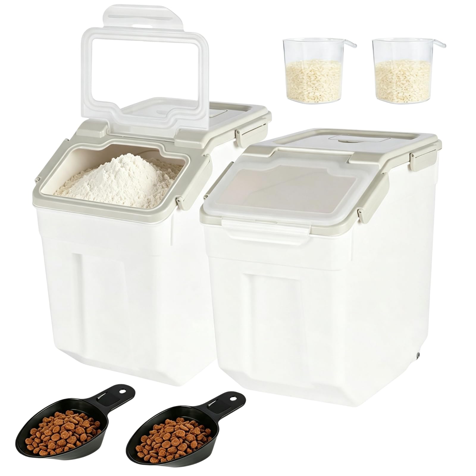 ANMOO Luftdichter Mehl-Aufbewahrungsbehälter, 2 Stück, 20 kg, Reis, Lebensmittel-Aufbewahrungseimer, Trockenfutterspender, großer versiegelter Behälter mit Rädern, BPA-frei, mit Schaufel (grau) Küche, Haushalt & Wohnen