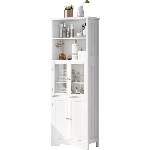 Merax, White Storage Cabinet with Glass Doors, Open Bookcase, Pantry Cupboard, Freestanding Organizer Display for Bathroom, Kitchen, Office, Adjustable Shelves