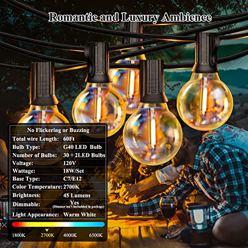 Supzimo 60Ft Outdoor String Lights Waterproof Patio Lights With 32 Shatterproof Dimmable G40 Bulbs, 2700K Commercial Hanging Lights For Outside Backyard Porch Bistro Balcony Garden Party Decor #TOP3