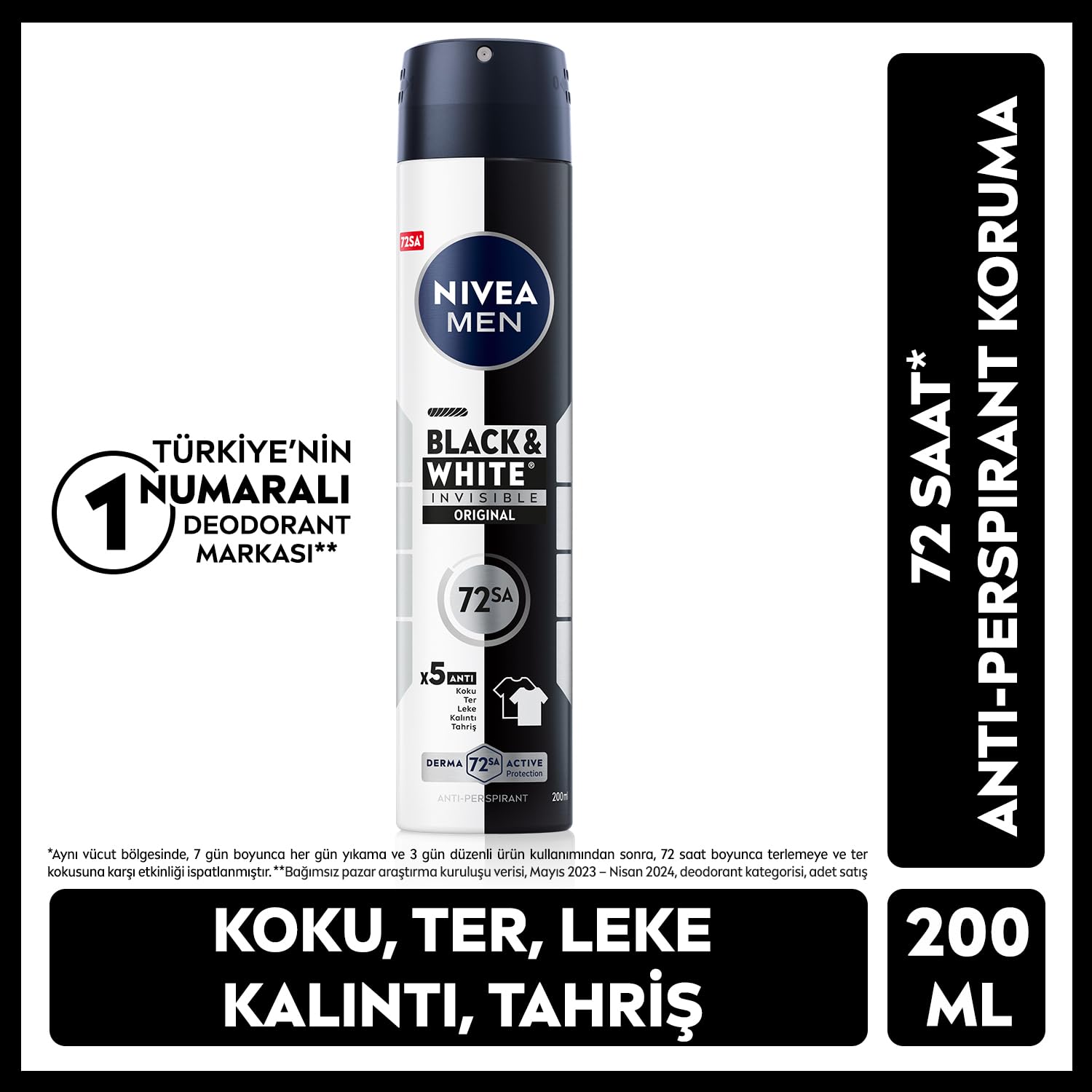 NIVEA MEN Erkek Sprey Deodorant Black&White Invisible Original 200 ml, 72 Saat Anti-perspirant Ter Koruması,Ekonomik Boy