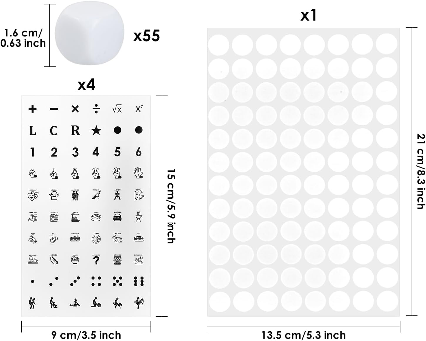 16 mm Blank Dice Write On Bulk of 55 Pieces with 60 Styles Stickers for Board Games, Family Games, Left Right Center, Date Night, DIY Math & Food Decisions