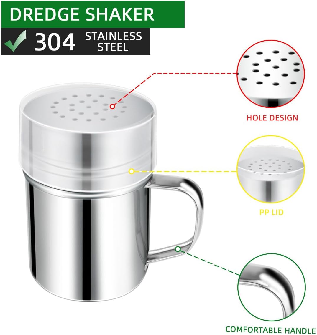Stainless Steel Dredge Shaker Spice Shakers with Handle Powdered Sugar Shaker Pepper Shakers 6 Oz Metal Salt Shaker with Holes and Lid Fine Powder Shakers for Cinnamon Cocoa Flour Baking Seasoning