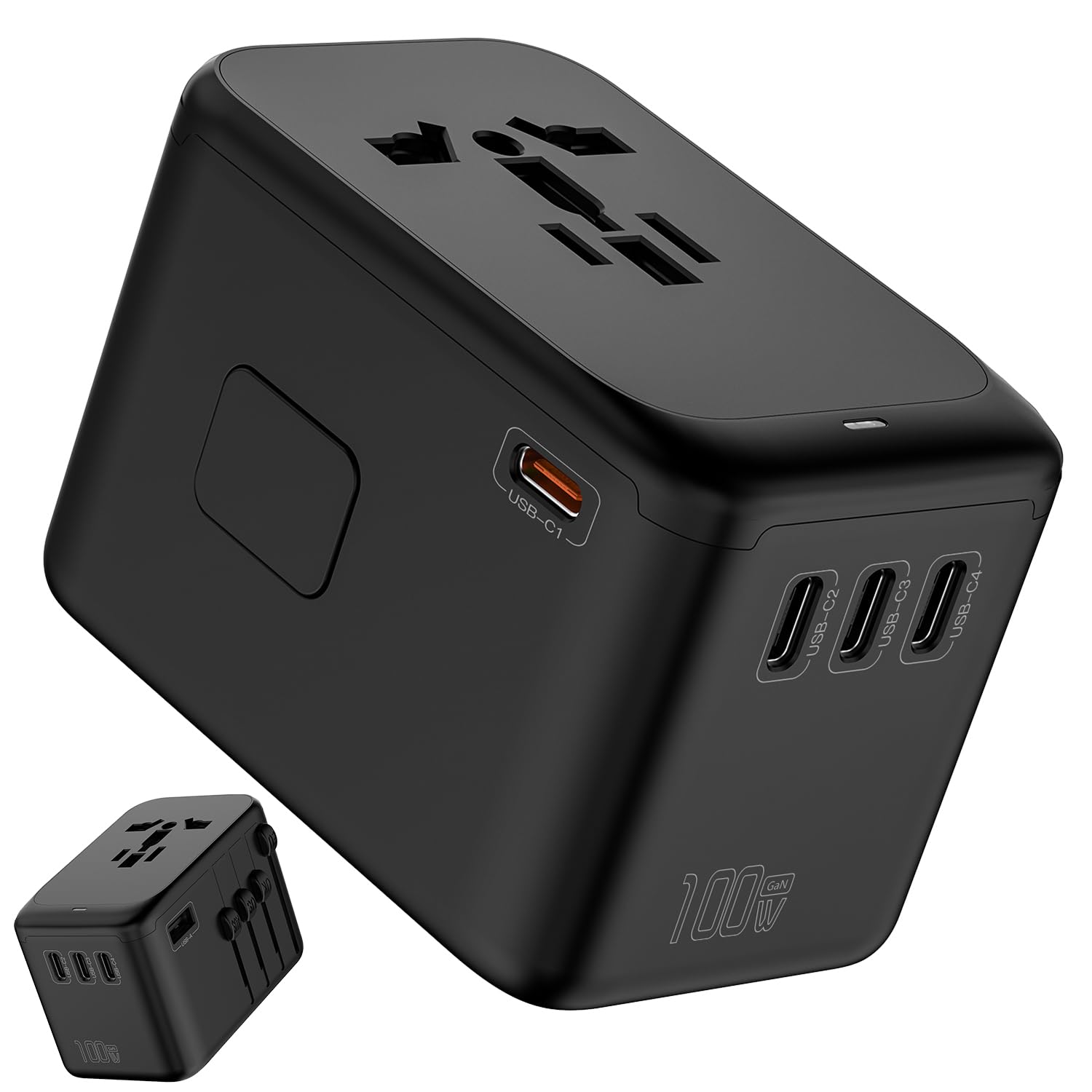 Necomi Universal Travel Adapter, GaN 100W International Charger with 1 USB Ports & 4 USB-C PD Fast Charging Adaptor,for USA/UK/EU/AUS ，Worldwide Wall Charger （Type A/C/G/I）