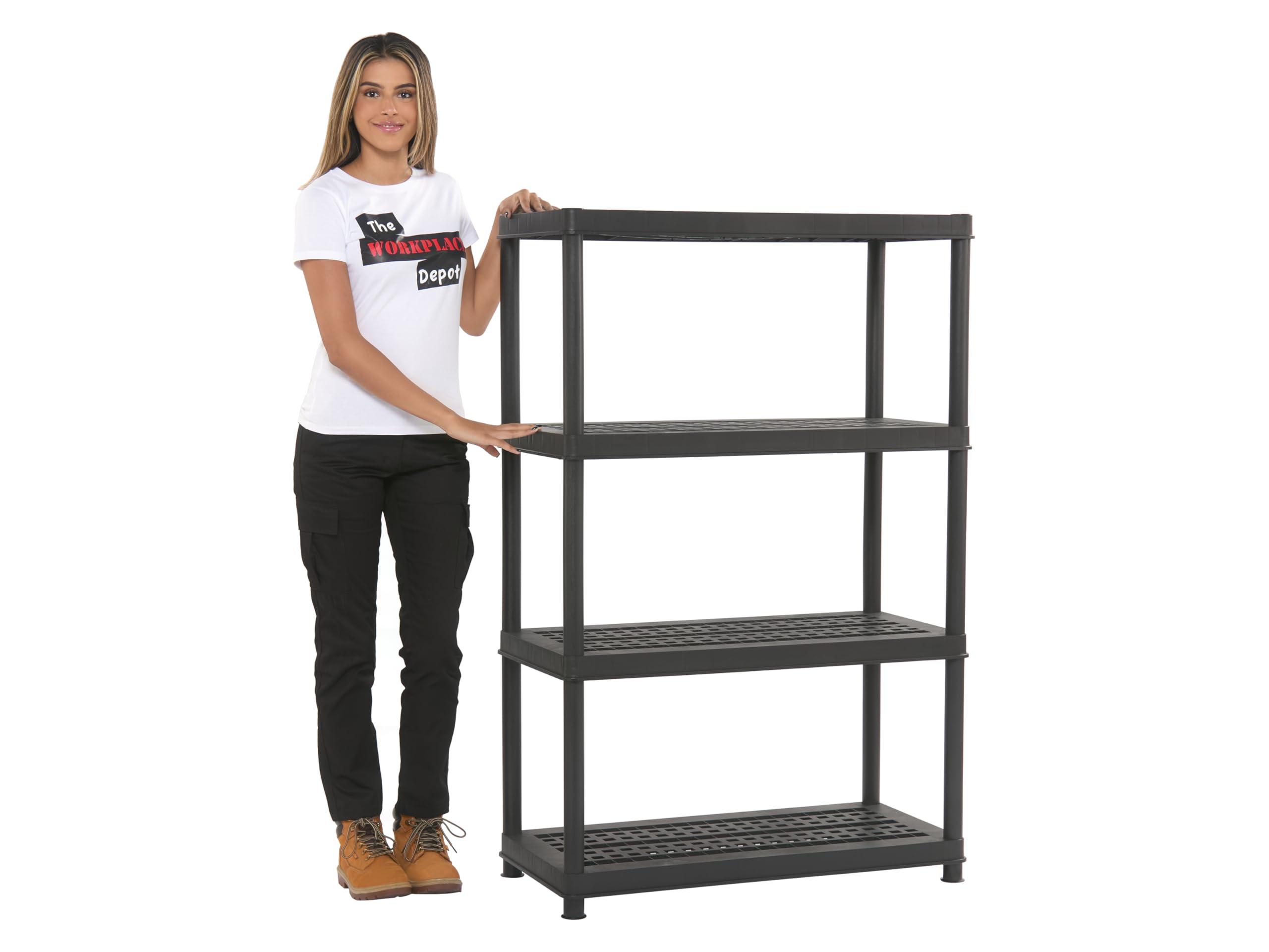 The Workplace Depot Heavy-Duty 4-Tier Plastic Shelving Unit, 65kg Per Shelf, Non-Rusting Black, Tool-Free Assembly for Garage, Workshop & & Home Storage (4 Shelf (1400mm))