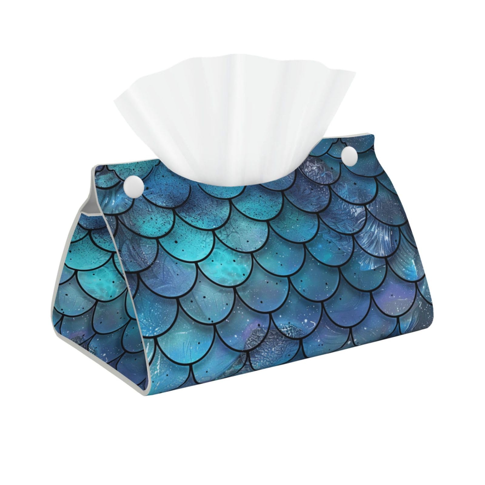 Mermaid Teal Fish Scale Print Tissue Box Cover Foldable Tissue Storage Box Leather Tissue Cube Box Holder for Living Room Bedroom Office Car Home Decor