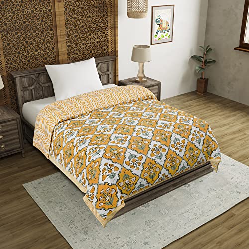 Image of BLOCKS OF INDIA Cotton Single Size Quilt Hand Block Print for Light Winters (60x90 Inches) (Yellow Flower)| TC - 300