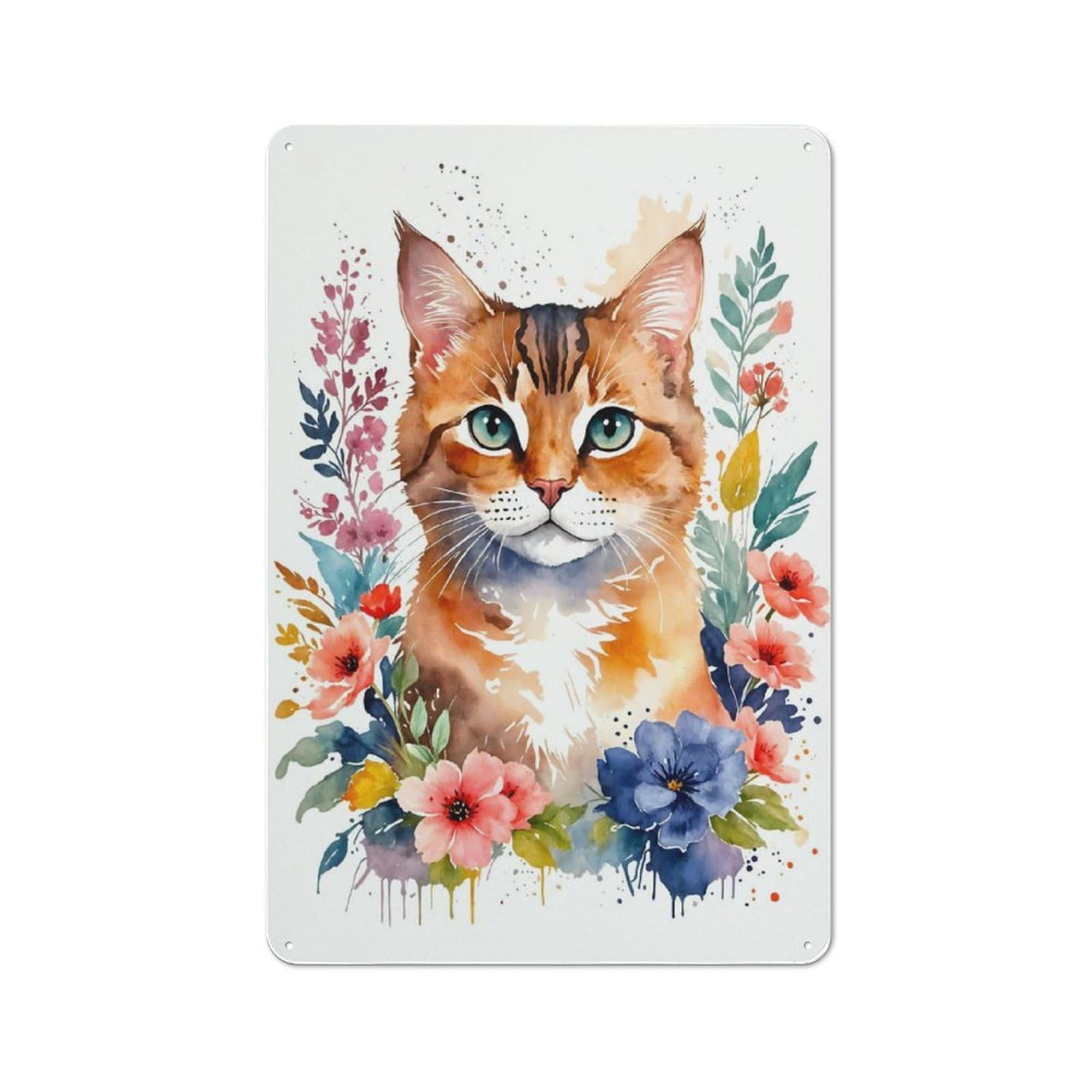 Cat Watercolor Flowers Retro Metal Sign 30x20cm, Distressed Look Retro Room Decor for Living Room, Hallway, Kitchen Or Cafe
